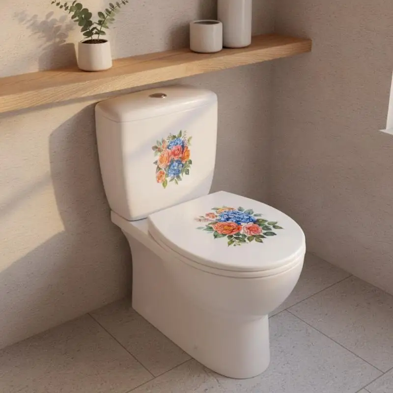 Watercolor Rose And Hydrangea Floral Toilet Stickers Bathroom Realistic Floor Decal Waterproof Removable Bathtub Decor