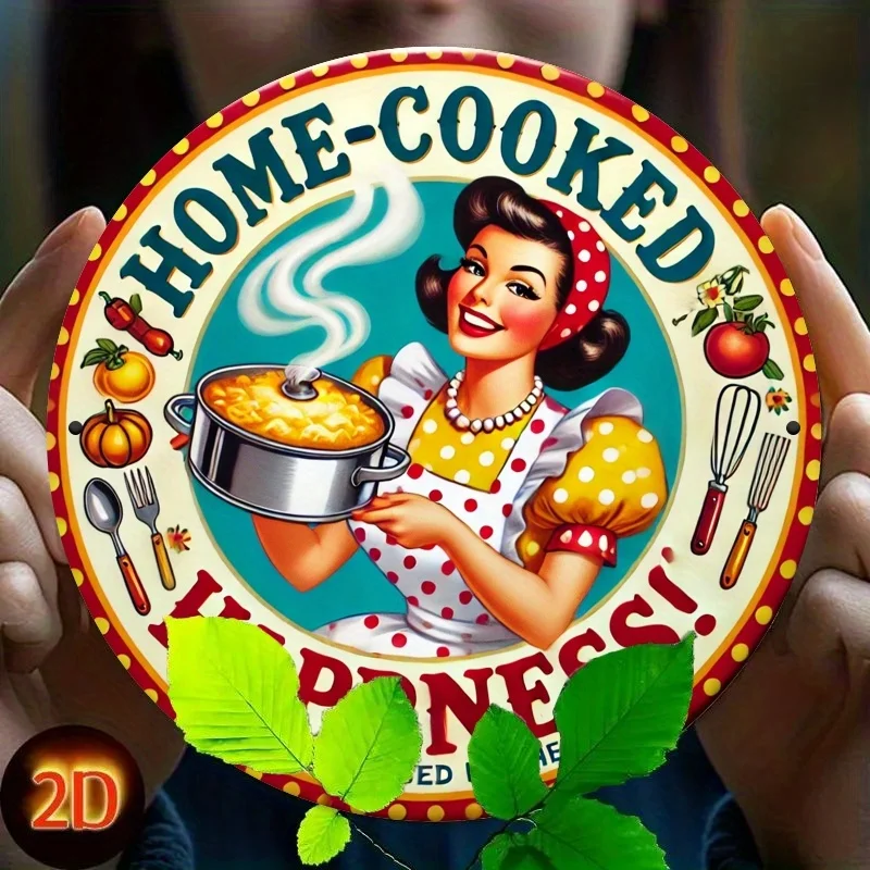 2D 1 قطعة شعار الطبخ المطبخ خمر علامة معدنية مستديرة ، 19.81x19.81 سنتيمتر الحديد جدار ديكور ، HD 2D طباعة مسطحة ، الرجعية ديكور المنزل والنوم ، #4