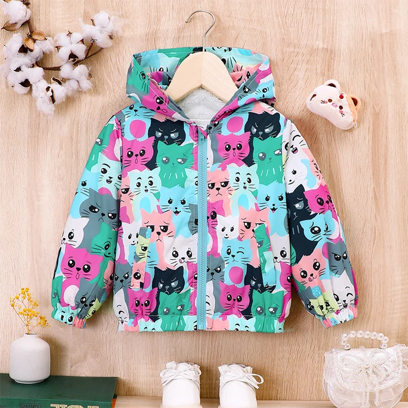 Autumn Jacket for Girls Coats Hooded Cat Pattern Baby Girls Clothes Outerwear Kid Sports Windproof Jacket Toddler Winter Clothes