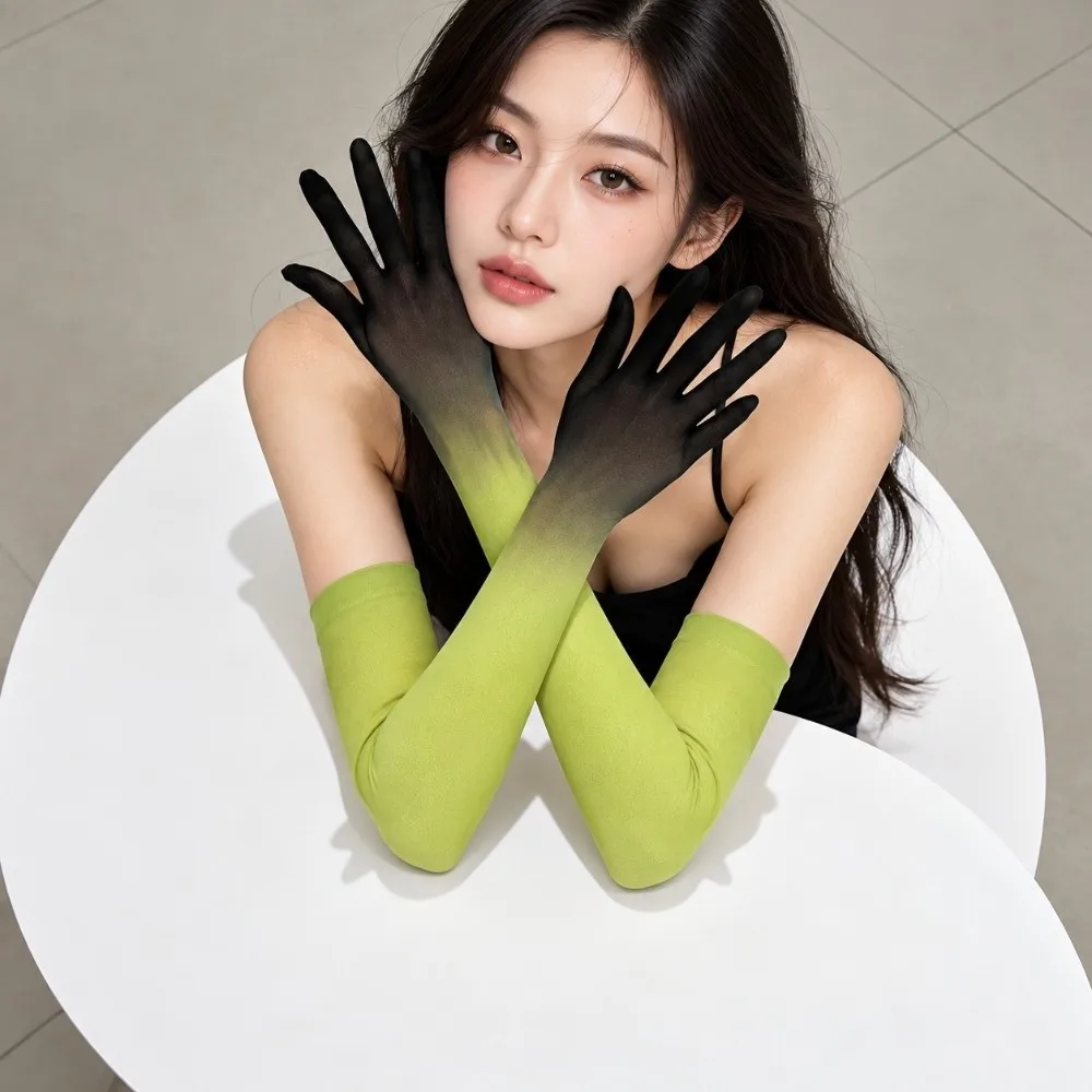 Ultra-thin Gradient Color Gloves Elbow Transparent Sunscreen Mittens Sun Protection Sheer Tulle Mesh Full Finger Gloves Outdoor