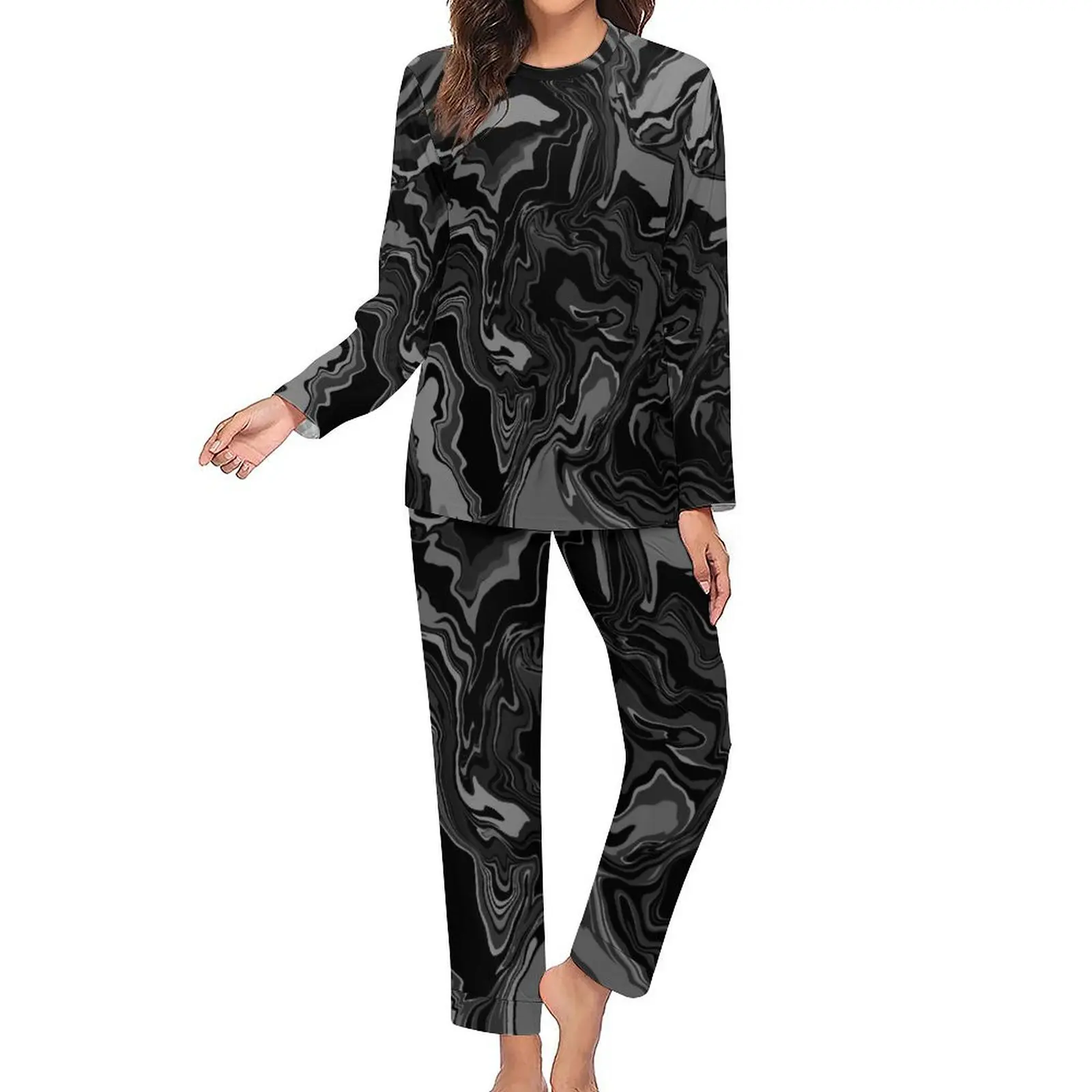 Black Tie Dye Pajamas Liquid Print 2 Pieces Room Pajama Sets Lady Long Sleeve Romantic Oversized Nightwear