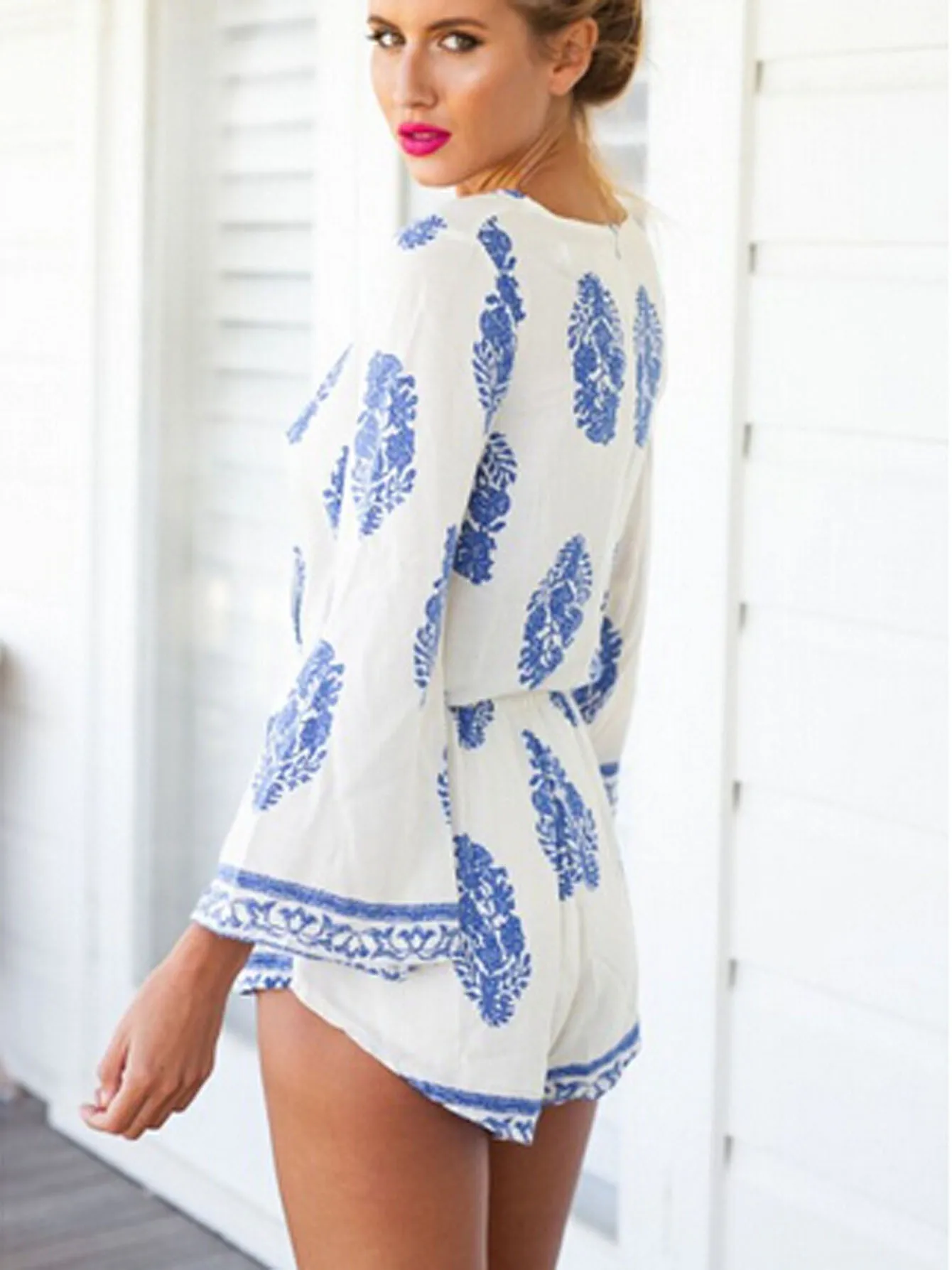 Fashion Printed Playsuit Woman Summer Sexy V neck Jumpsuit with Shorts Elastic High Waist Beach Style Ladies Wide Leg Rompers