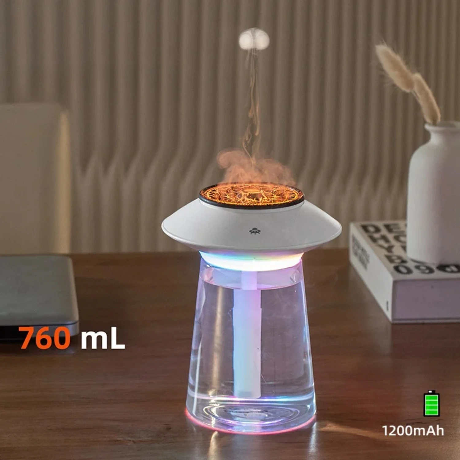 Wireless Rechargeable USB Air Humidifier - Ultrasonic Mist Maker for Home or Office with Dynamic LED Light, Smoke Ring Spray - 7