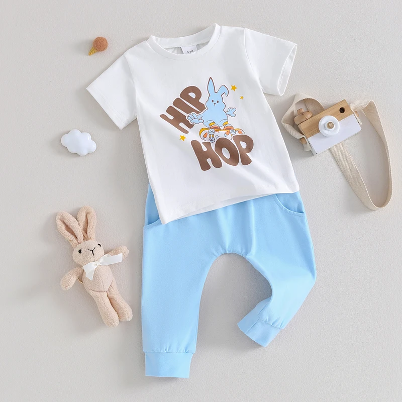 Baby Boy Easter Outfits Short Sleeve Bunny Star Print T-Shirt Pocket Pants Set Toddler Clothes