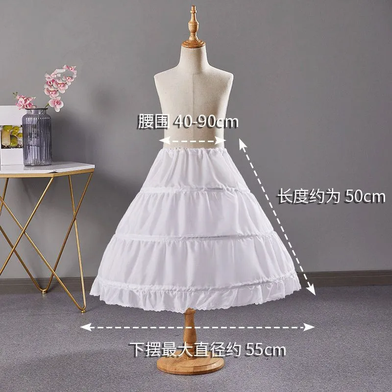 White Child Petticoat A-Line 3 Hoops One Layer Kids Crinoline Lace Trim Flower Girl Dress Underskirt Elastic Waist for Children