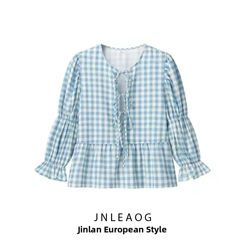 

Модная женская рубашка с клетчатым принтом, осенняя новинка, свободный крой, длинный рукав, V-образный вырез, из дышащего тонкого полиэстера