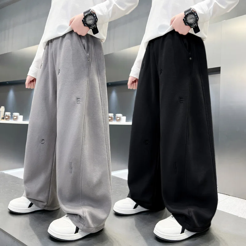 Teenager Boys Wide Leg Pants, Spring Autumn Styles, Children's Clothing, Loose Casual Straight Leg Embroidery Pants 4-14 Years