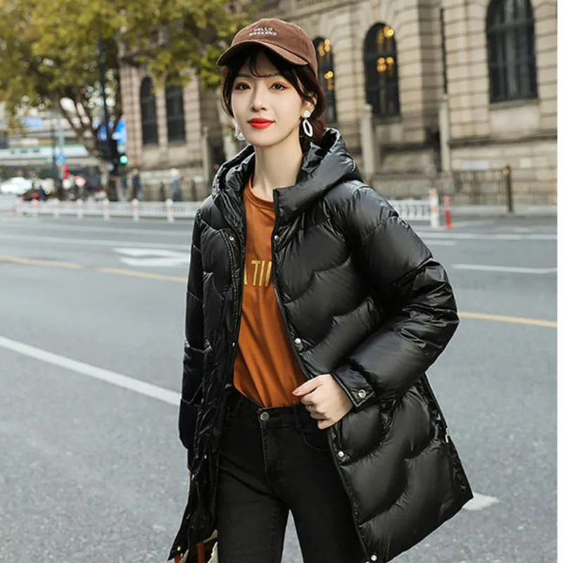 

2023 New Glossy Leave-Free Down Cotton Jacket Cotton Clothing Women Mid-length Casual Fashion Slim Loose Winter Jacket Trend