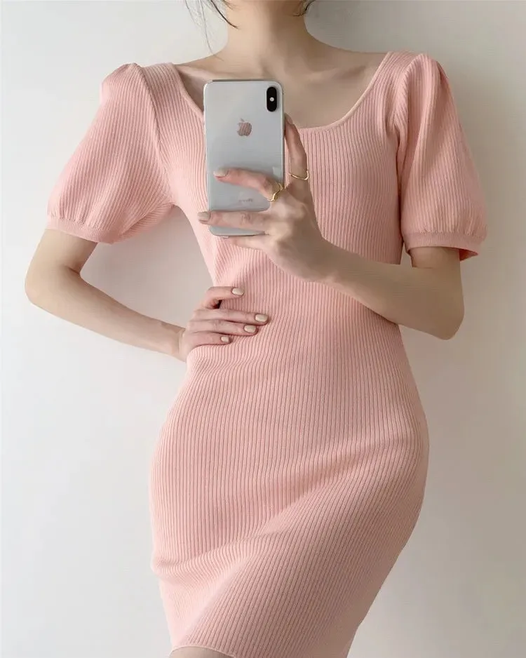 

Pink Dress 2023 New Summer Women's Bubble Sleeve Wrap Hip Short Sleeve Knitted Stripe Short Dress Fresh Sweet Slim Fit Dresses