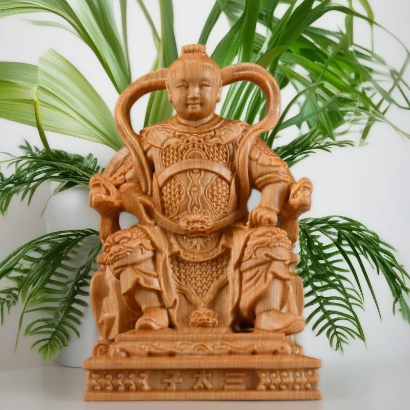 wood carving Marshal Nezha, Third Prince figurine Chinese mythological figures Home Room Office Wealth Luck Feng Shui Decor