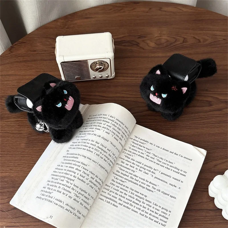 Black Cat Backpack Plush Case for AirPods 4 Airpod 1 2 3 Pro Pro2 Bluetooth Earbuds Charging Box Protective Earphone Case Cover