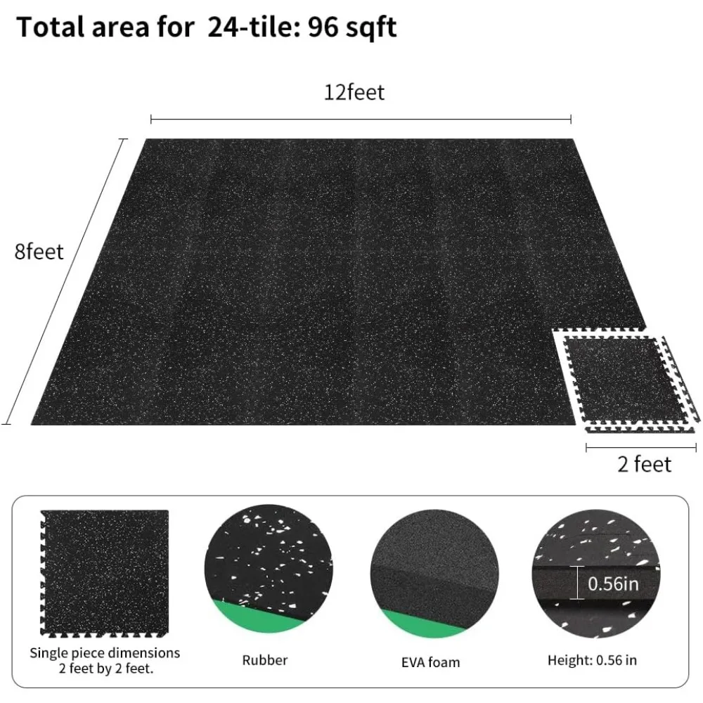 0.56in Thick 96 Sq Ft Gym Flooring for Home Gym, 24 Tiles Workout Exercise Equipment Mats, Rubber Top with EVA Foam