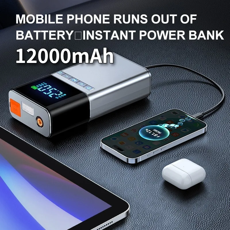 

12000mAh Power Bank, Starter with Air Compressor,12V Car Battery Starter Box Car Battery Jumper Starter with LED Flashlights