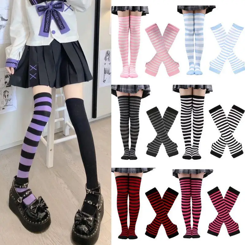 

1Set Women Girls Over Knee Thigh High Stockings Multi-Color Striped Socks Christmas Halloween Socks Over Knee Socks Arm Sleeve