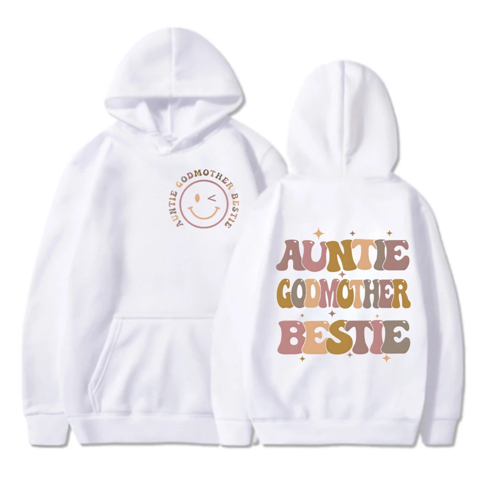 Auntie Godmother Bestie Graphic Pullover Hoodie Funny Godmother Gift Aunt God Mother Front and Back Print Fashion Casual Hoodies