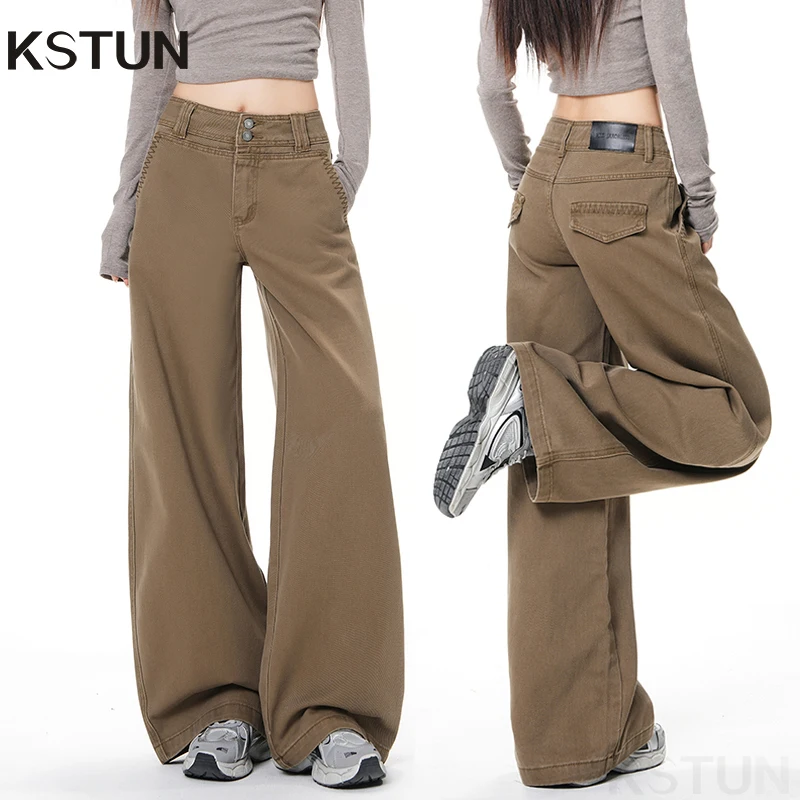 

KSTUN Low Waist Brown Jeans for Women Wide Leg Pants 100% Cotton Double breasted Trousers Embroidered Pockets Design Loose Fit
