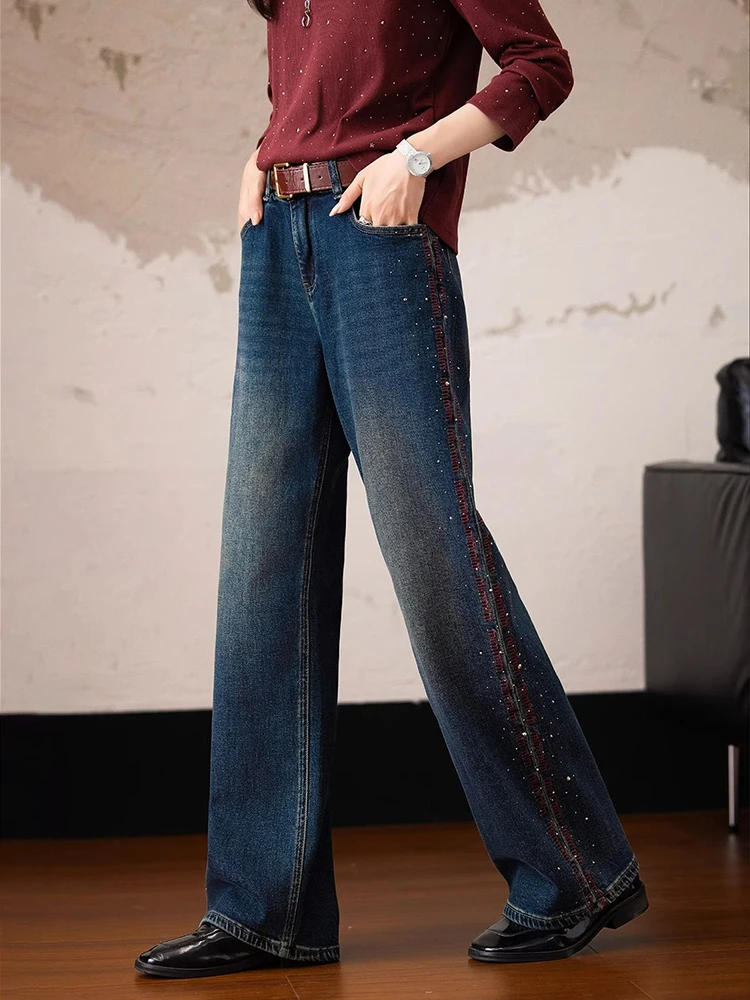 

Женские осенне-зимние новые универсальные брюки с прямыми штанинами и высокой талией, свободные широкие брюки с вышивкой