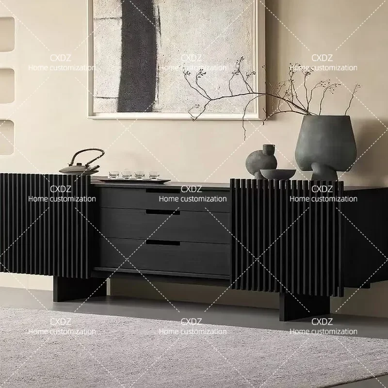 Solid Wood Dining Side Cabinet Nordic Large Capacity Three Layer Storage Locker Black High End Light Luxury TV Console Ground