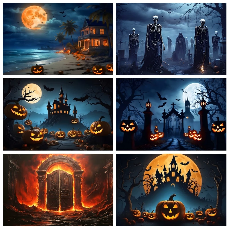 

Halloween Night Full Moon Backdrop Horrible Cemetery Spooky Castle Photography Party Background Baby Portrait Photographic Props