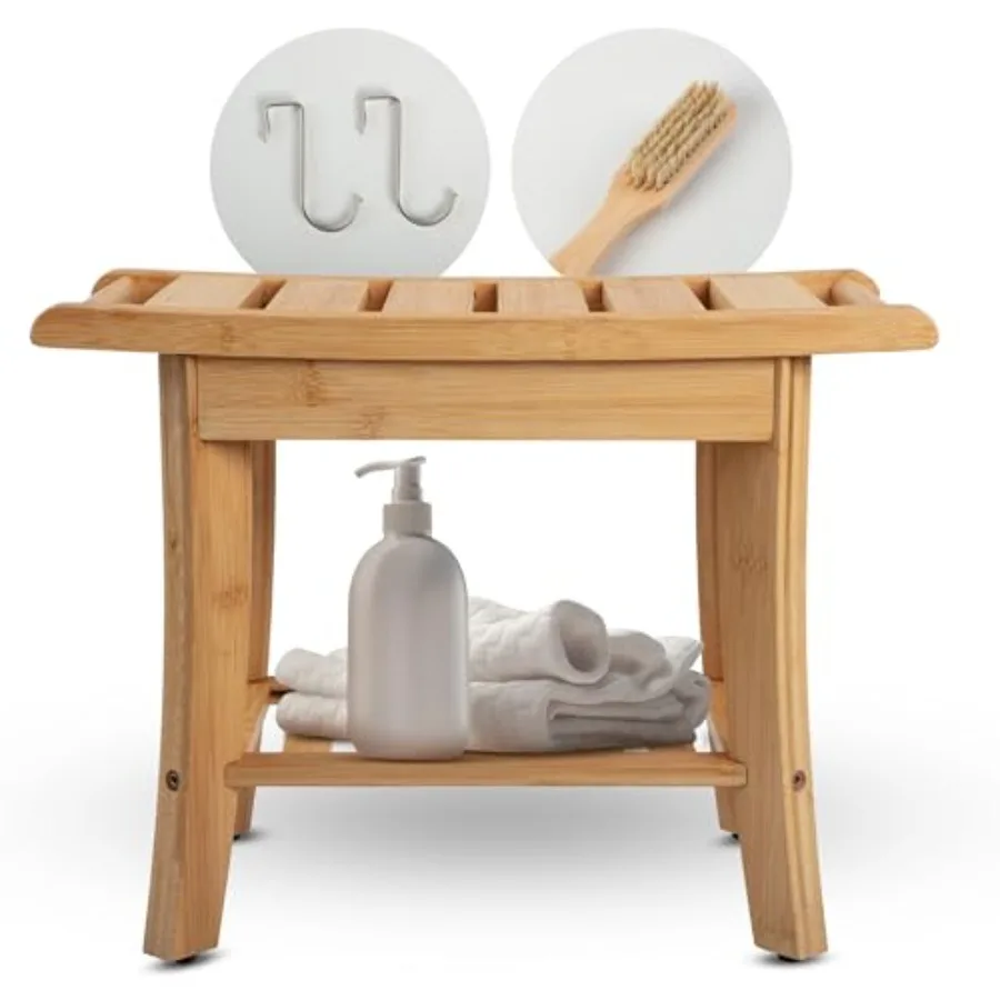 

Bamboo Shower Stool Bench Waterproof with Storage Shelf, Includes 2 metal hanging hooks, 1 foot brush. Perfect for Shaving Legs