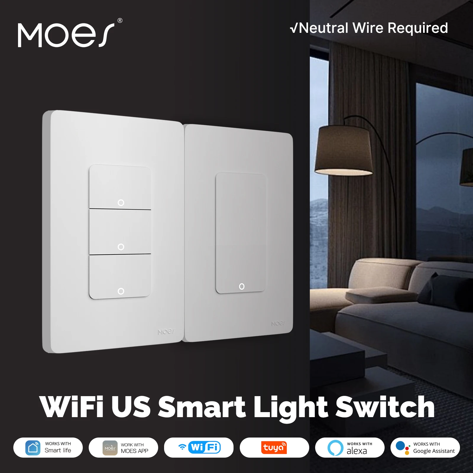 MOES Tuya WiFi US Smart Light Switch 1/2/3 Gang Push Button Switch Alexa Google Home, Neutral Wire Required