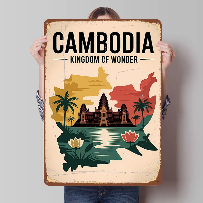 Cambodia: Kingdom of Wonder Travel Printed Poster Customized Retro Wall Art Vintage Metal Tin Signs for Home Desk Decor Man Cave