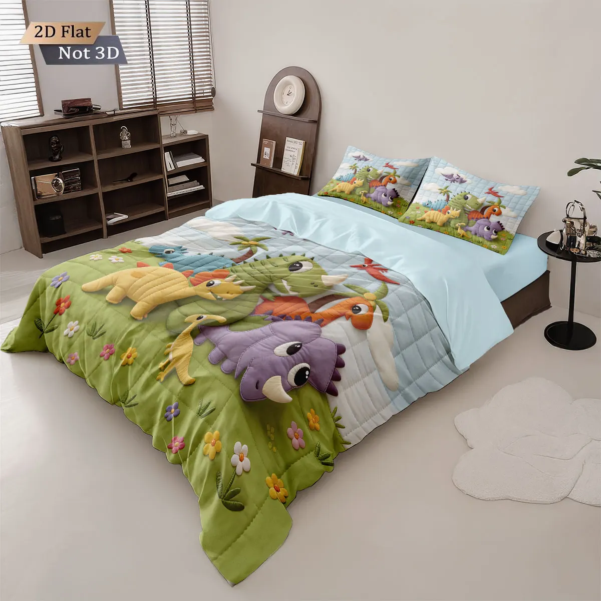 3pcs Cartoon Cute Dinosaur Print Coreless Down Duvet Cover Set, Multi Size Bedroom Bedding Decoration, Machine Washable