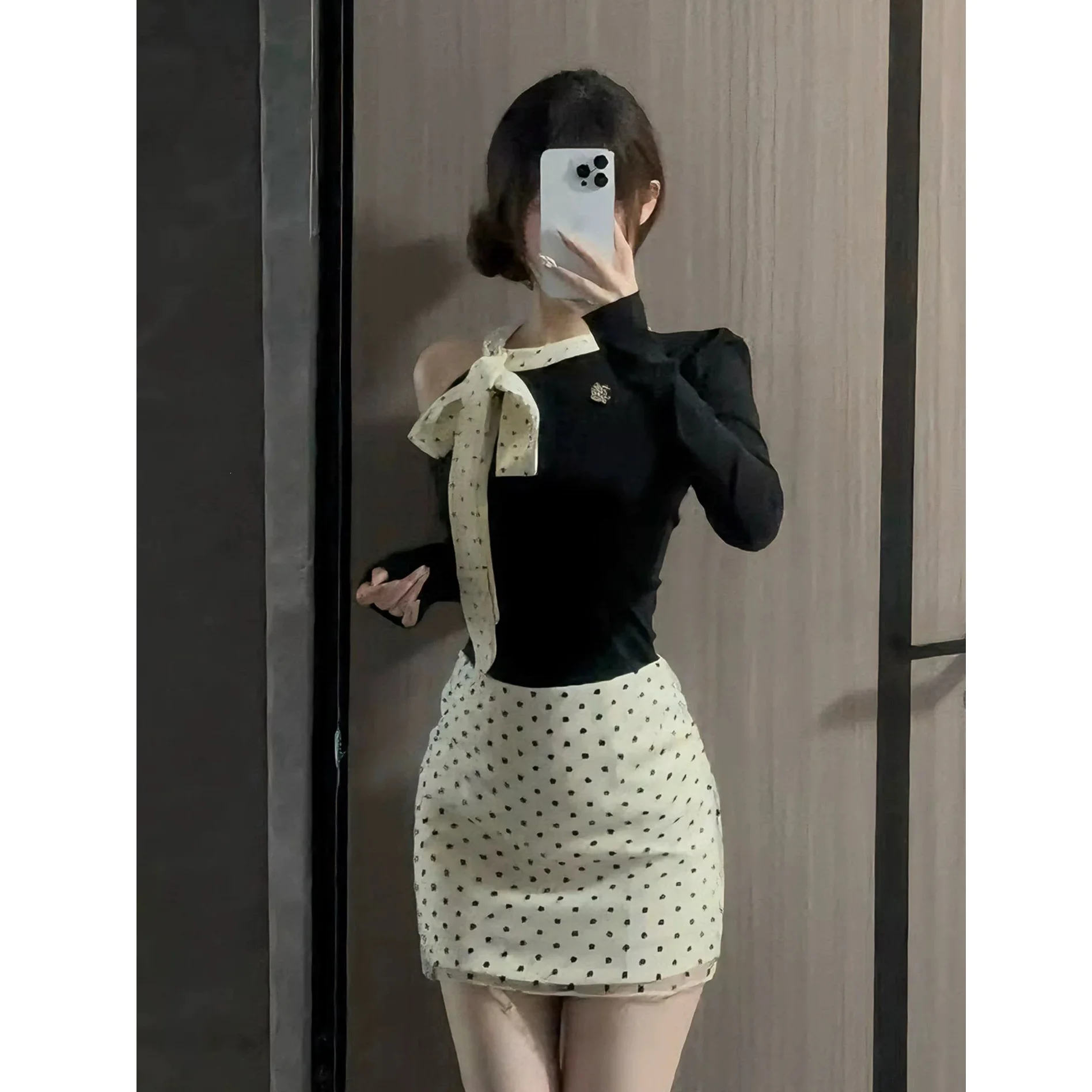 Chic Early Autumn Women's Outfit Shoulder-baring Long Sleeve Top And Polka Dot  Skirt Two-piece Set Korean Casual Style