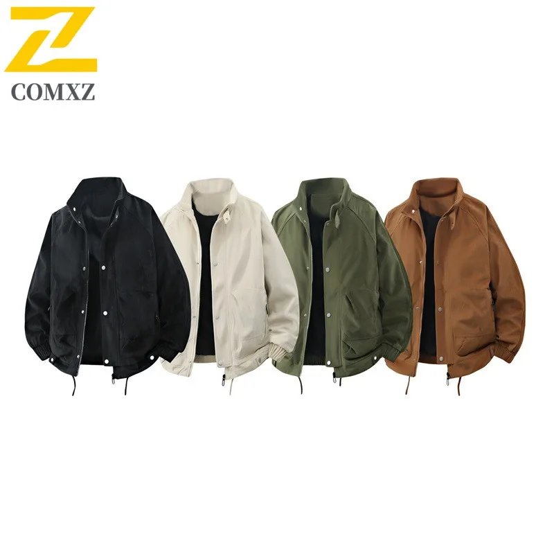 

COMXZ New Hong Kong Style Casual Big Size Original Chinese Trend Sports Unisex Stand Collar Jacket Men Coat Suede Leather Jacket