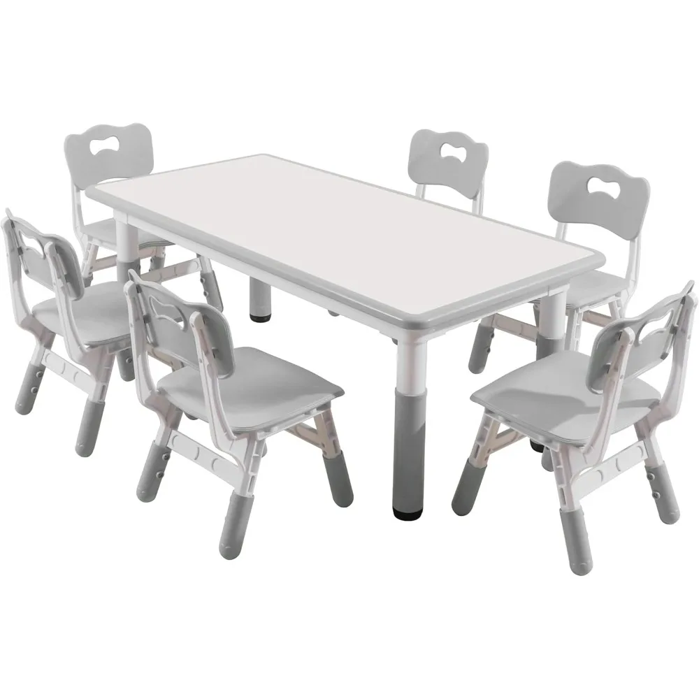 

Kids Table And Chairs Set, Height Adjustable Desk With 6 Seats For Ages 3-12,Arts & Crafts Table,Graffiti Desktop, Non-Slip Legs