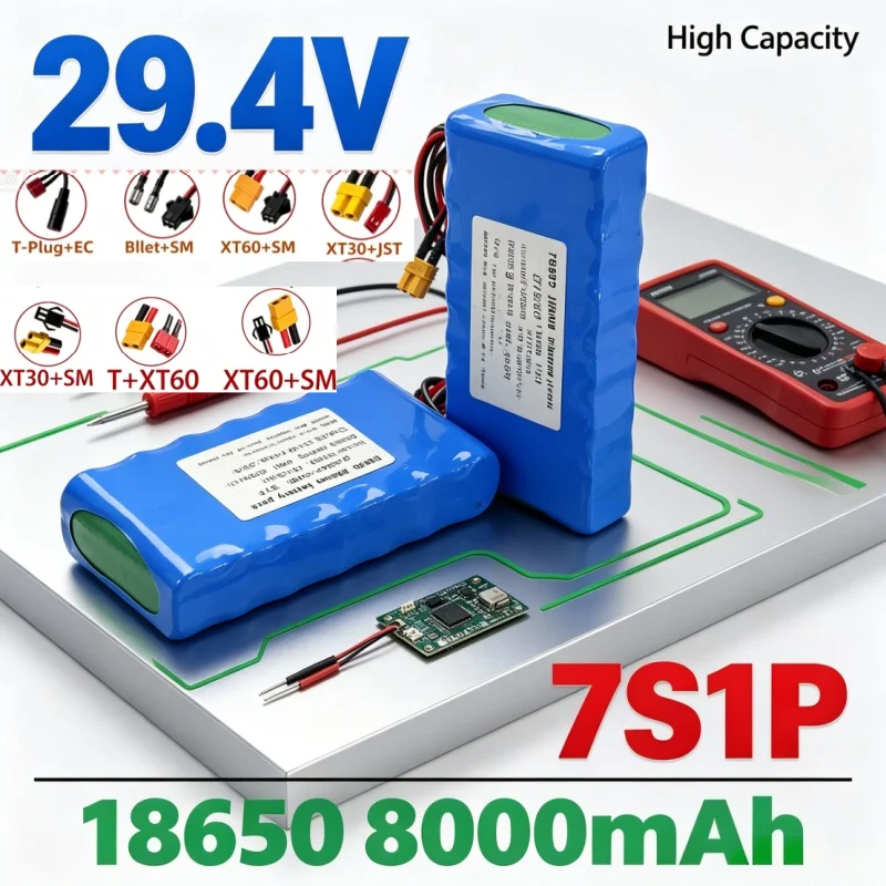 24V 29.4V 8000mAh 18650 Lithium‑Ion 7S1P Battery Pack with BMS, Custom Battery for E‑Scooter, E‑Bike, Toys