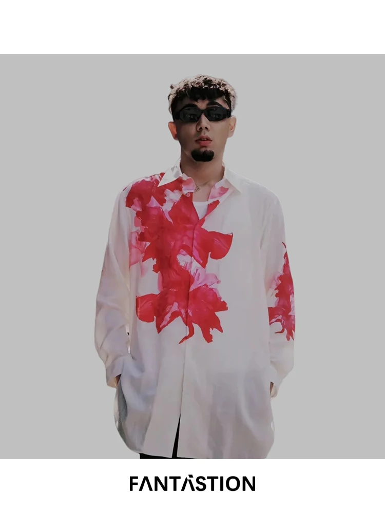 

FANTASTION дизайнерская рубашка с красным цветочным принтом унисекс, блузка большого размера с длинными рукавами для элегантных повседневных случаев, повседневные свободные рубашки