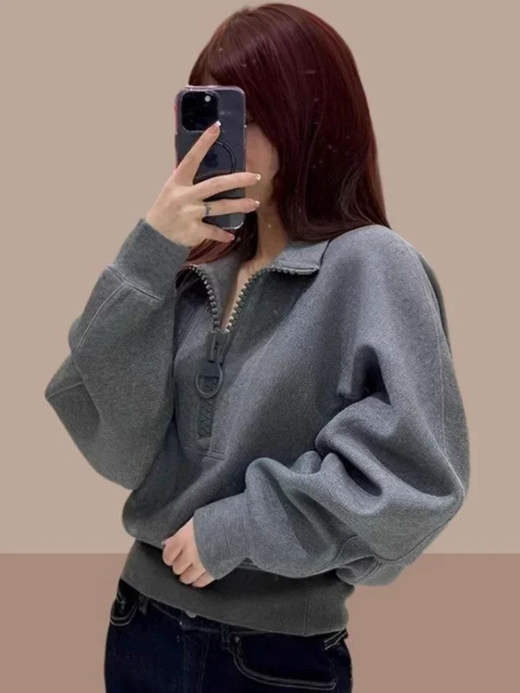 Women\'s with Zipper Sweatshirts Autumn and Winter Warm Female Top Full Zip Up Thick Pullovers Cold Cropped Grey 90s Vintage Xxl