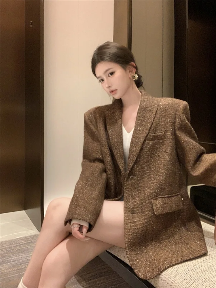 Women\'s Autumn/winter Thickened Cotton Clip British Style Corduroy Blazer Retro Casual Solid Color Pit Stripe Woolen Suit Jacket