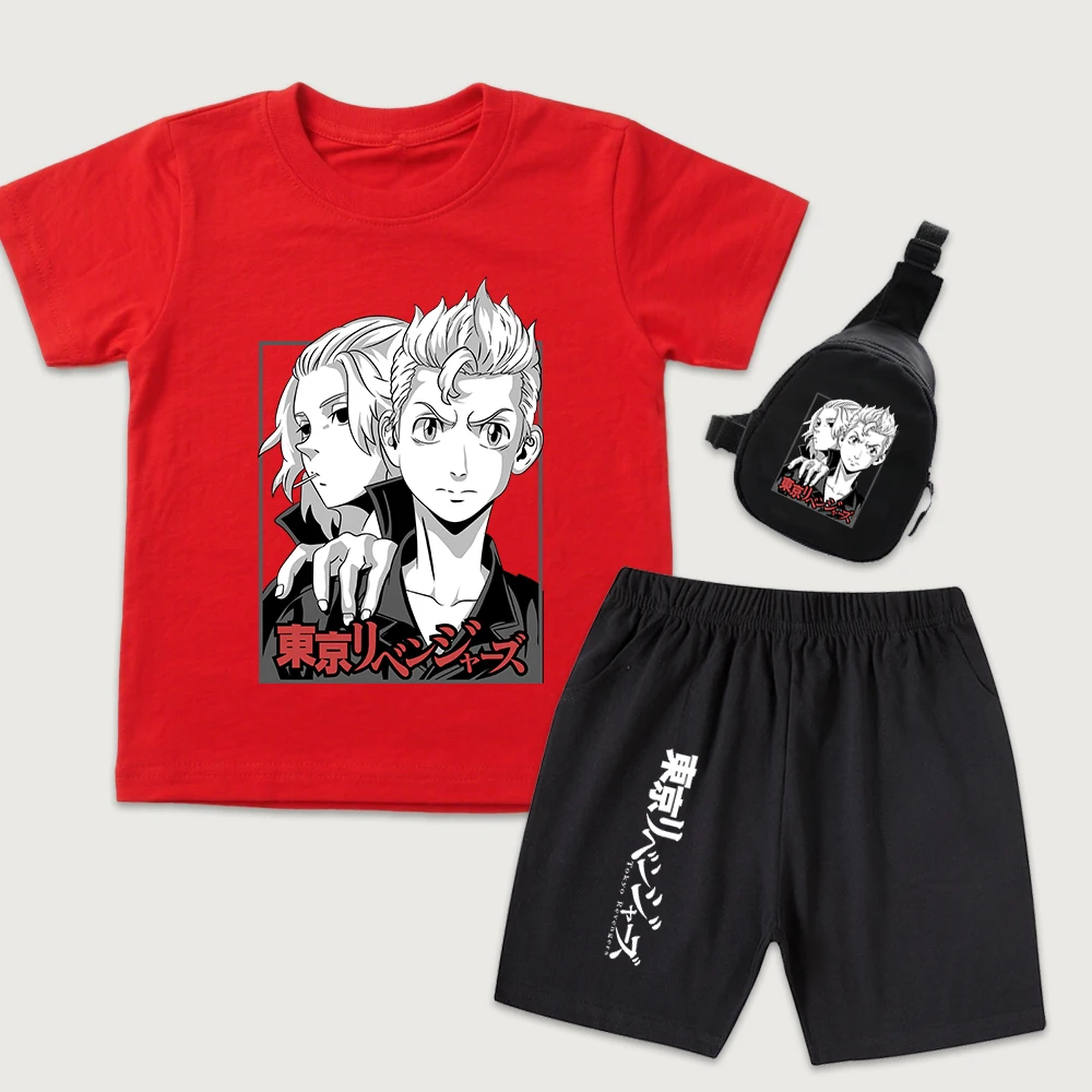 Tokyo Revengers Takemichi x Mikey Anime Print Kids Cotton T Shirt Shorts Mini Chest Bag 3 Piece Set for Boys Girls Casual Wear