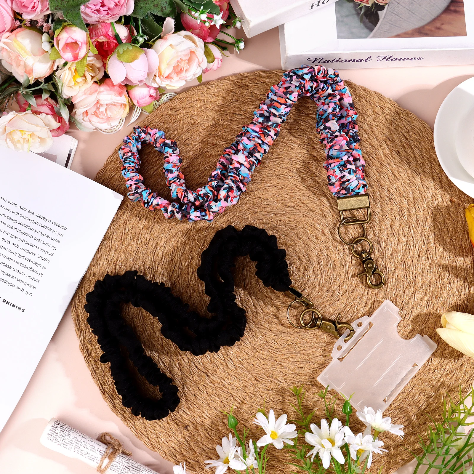

2 Pack Scrunchie Lanyards For ID Card And Keys Scrunchy Cute Neck Keychain With Clip Closure Retractable Stretchy Lanyards For T