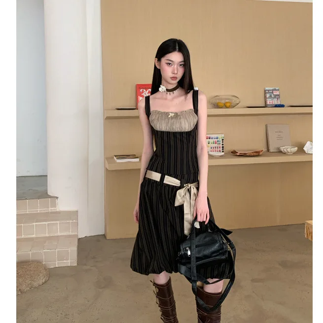 Women's 2-piece Set Skirt Retro Striped Color-block Camisole Low-waisted Flared Midi Skirt High-end Luxury Elegant Female Outfit