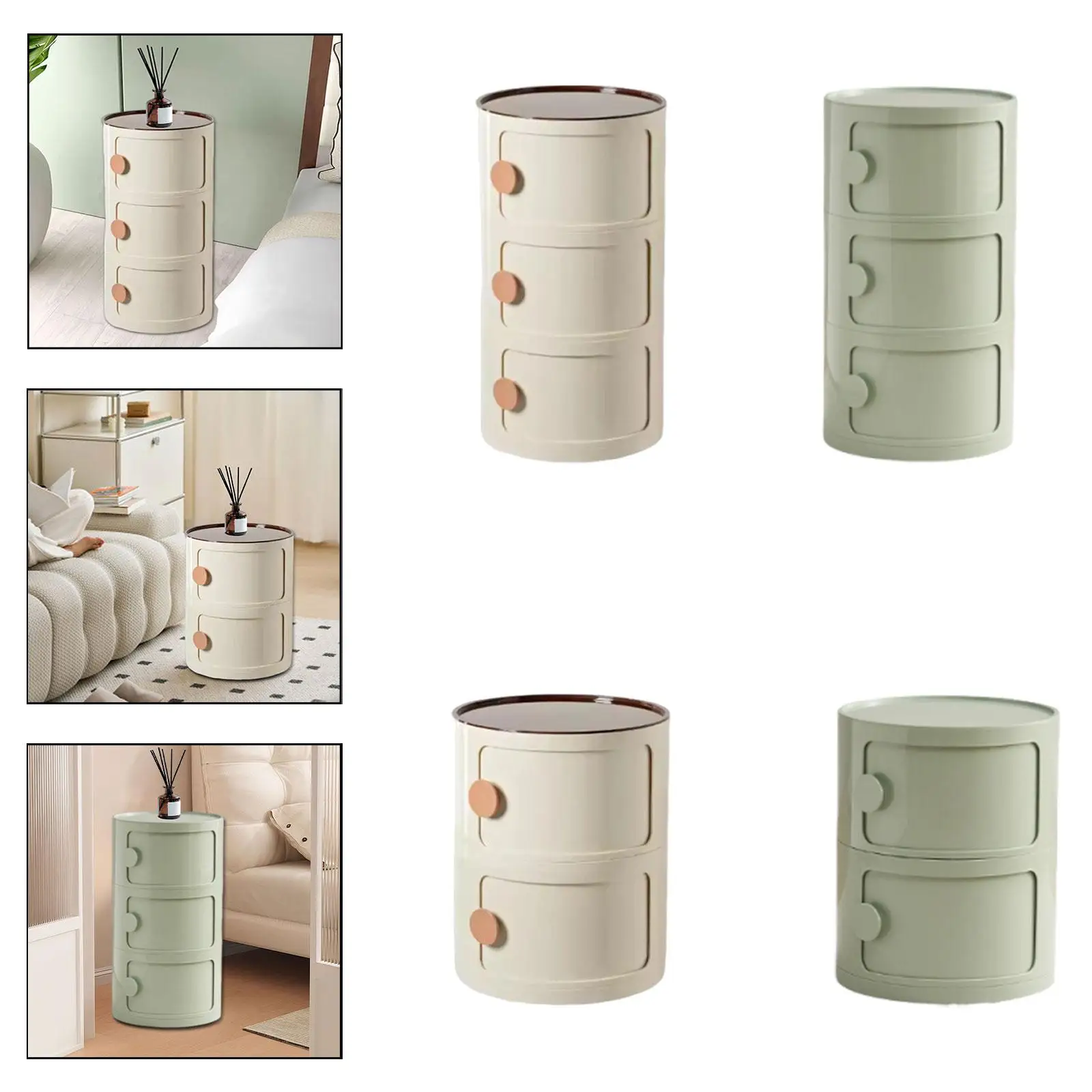 

ABS Plastic Bedroom Side Table Round Nightstand with Sliding Door Storage Compact Cabinet for Small Spaces
