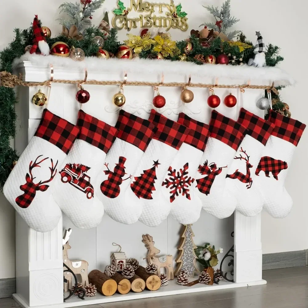 

Set of 8 Christmas Stocking(20inch) Silhouette Buffalo Red Plaid/Rustic/Farmhouse/Country Cotton Fireplace Hanging Xmas Stocking