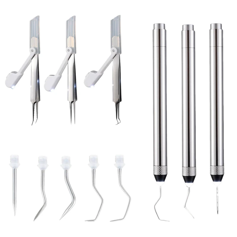 6 Pcs LED Weeding Tools Set For Vinyl, 3 Led Pen With 5 Pin And Hook, With Light Weeding Hook Tweezers, Easy To Use (Silver)