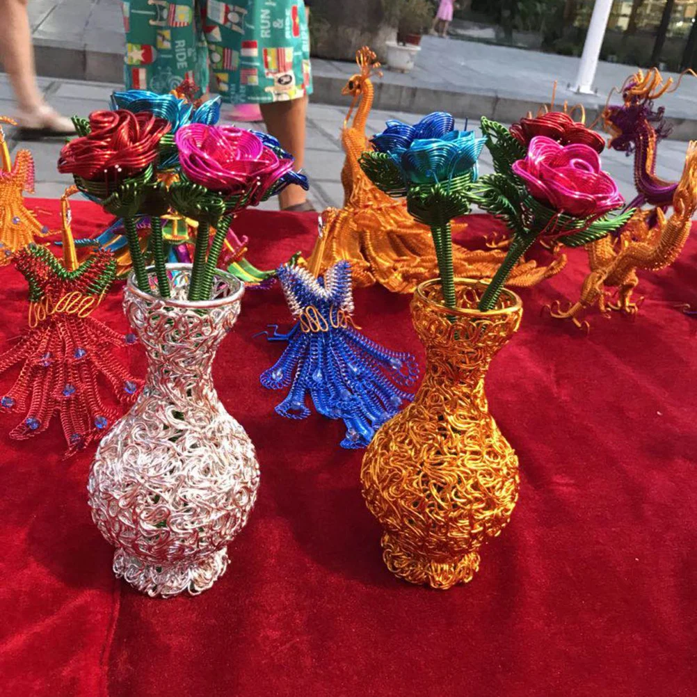 

1pc Aluminum Wire Vase Metal Flower Pot Home Office Decor Rust-Proof Lustrous Storage Container Flower Barrel