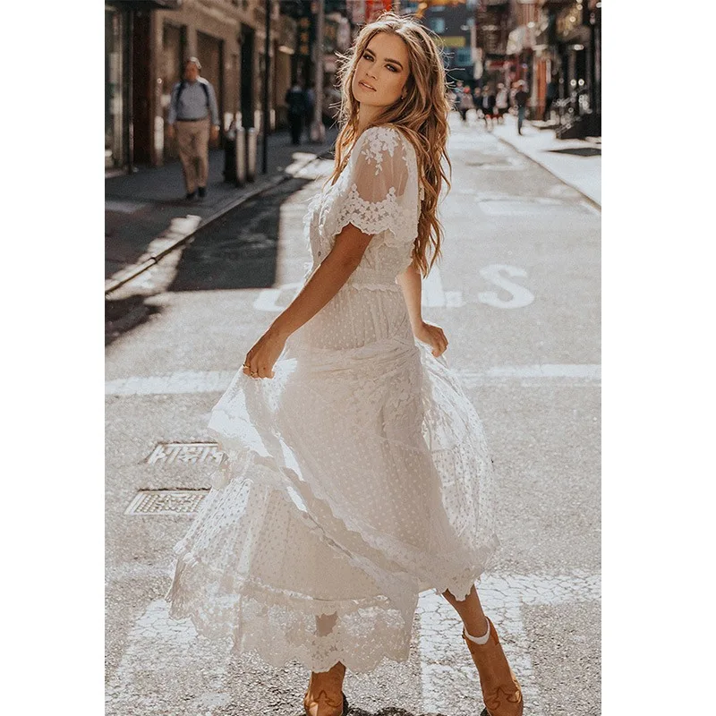 2024 estate nuove donne di modo con scollo a v abiti in pizzo a maniche corte abito bianco femminile abiti eleganti in Chiffon da donna Sexy