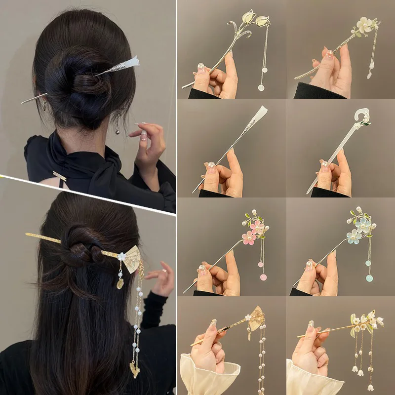 Pinza para el pelo con borla de estilo chino Retro para mujer, horquillas hechas a mano con flores, accesorios de joyería con dijes, adornos para el cabello