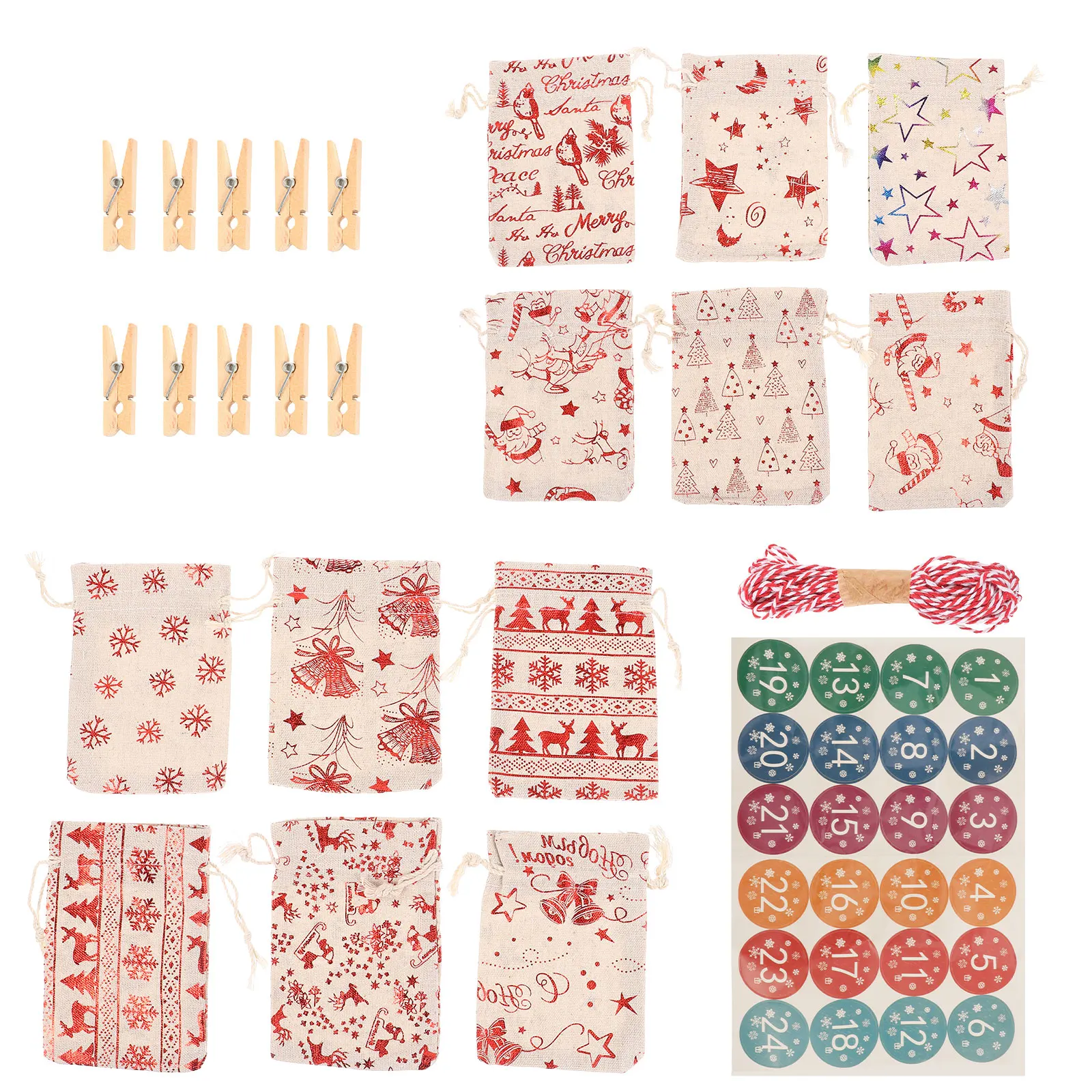 

Christmas Gift Bag Set Bags Xmas Tree Hanging Ornament Elk Small Gifts Drawstring Cloth Party Favors DIY Advent Calendar