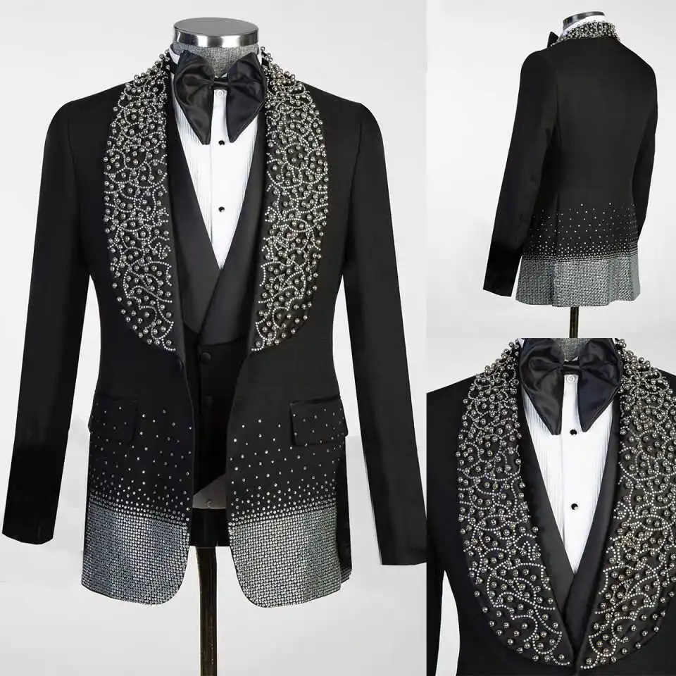 

Luxurious Beaded Men Wedding Tuxedos 3 Pieces Shawl Lapel Prom Blazer Sets One Button Customized Costume Homme