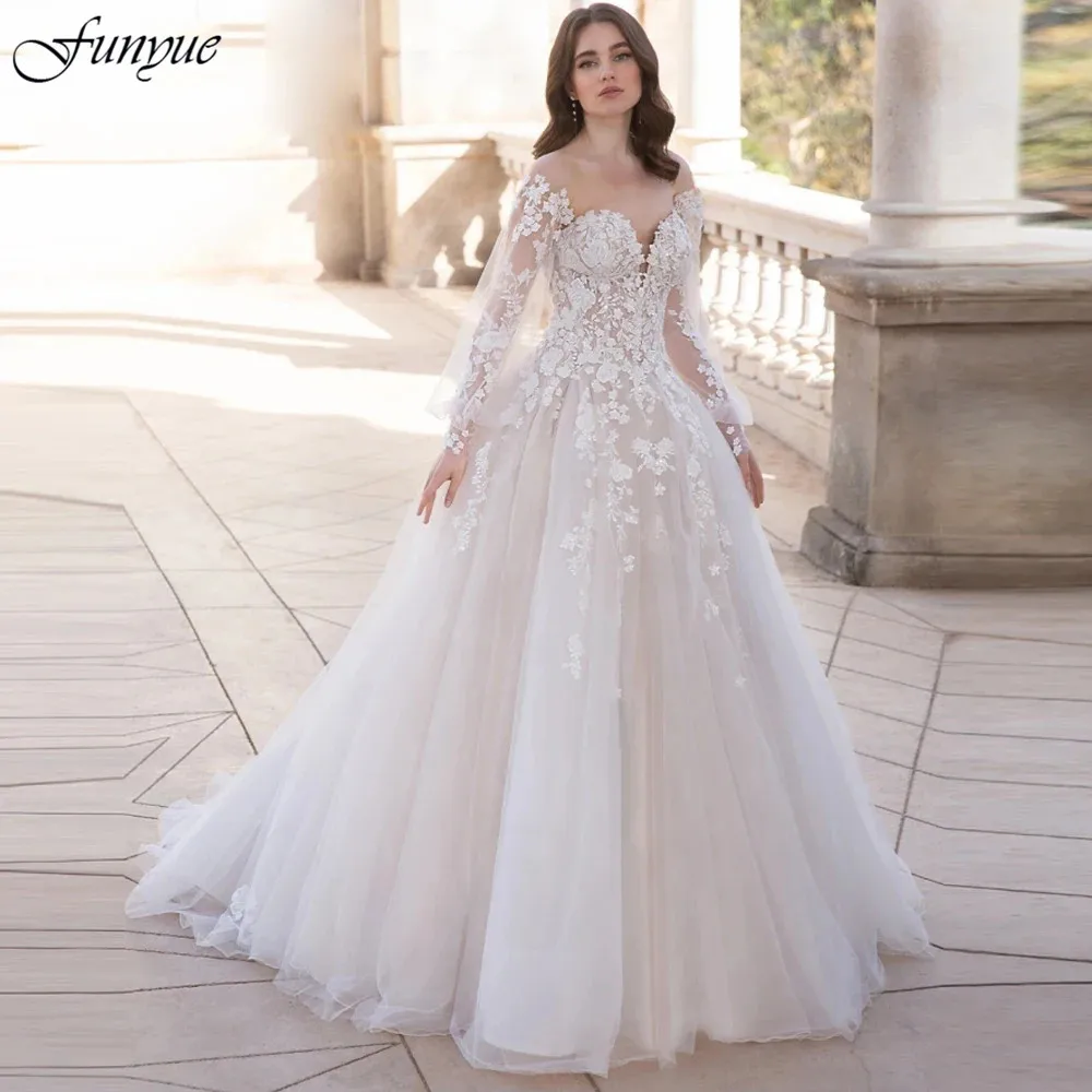 

Funyue Elegant Lace Bridal Dresses Puffy Sleeve Scoop A-Line Tulle Appliques Wedding Gown for Bride Vestidos De Novia 2024