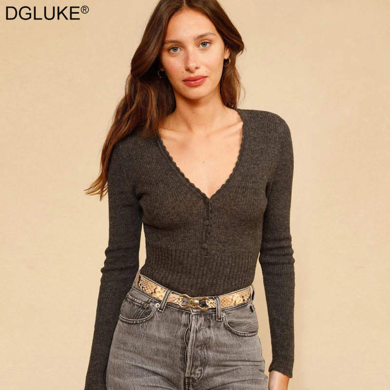 

DGLUKE V-Neck Button Up Pullover Sweater Women Elegant Warm Cashmere Sweater Solid Slim Fit Knitted Cropped Sweater Jumper