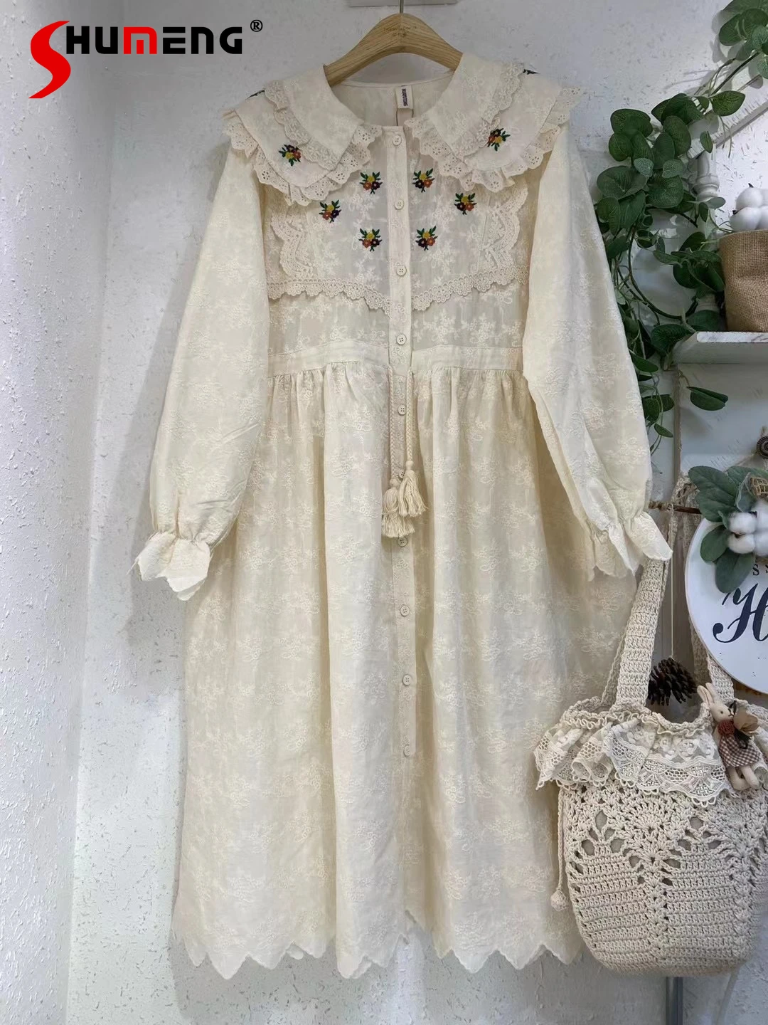 

Mori Girl Style Sweet Lace Stitching Embroidery Doll Collar Dress Female Japanese Spring and Autumn Mid-length Fairy Dress Women