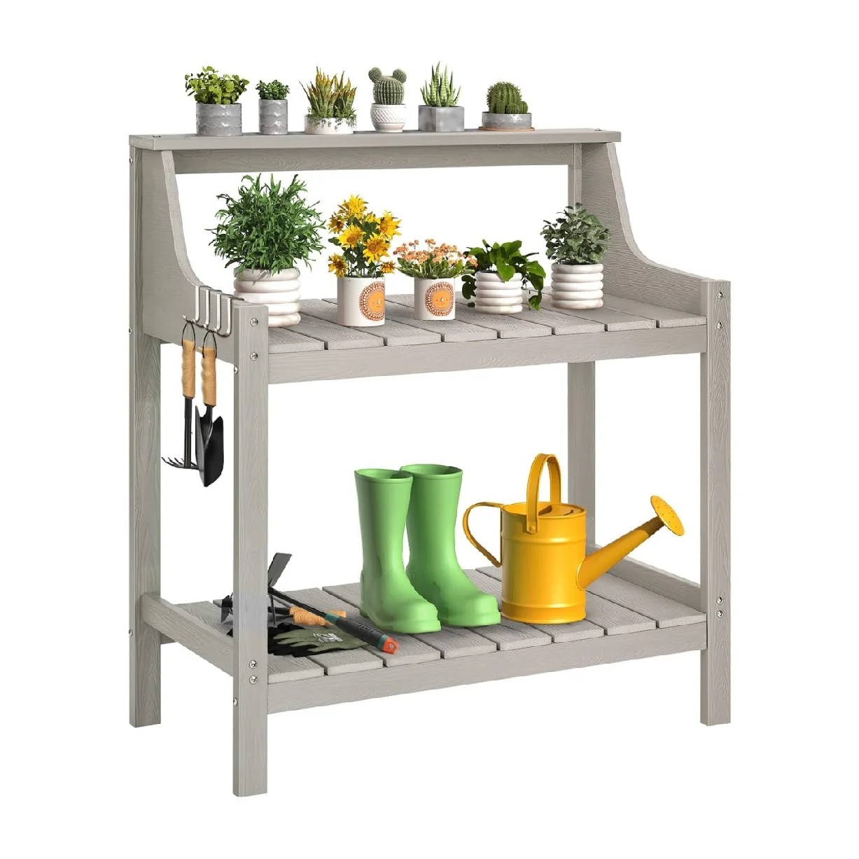 Grey Garden Work Table Potting Bench HDPS Plastic Wood 3 Tier Shelves Removable Hooks Stainless Screws Outdoor