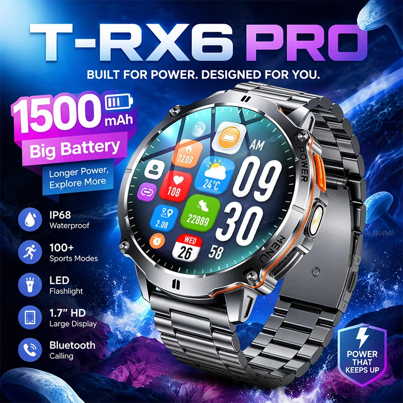 New T-RX6 Built-in 1500mAh battery Smart Watch Outdoor compass Flashlight IP68 waterproof BT call 1.7”HD Men Sports Smartwatch